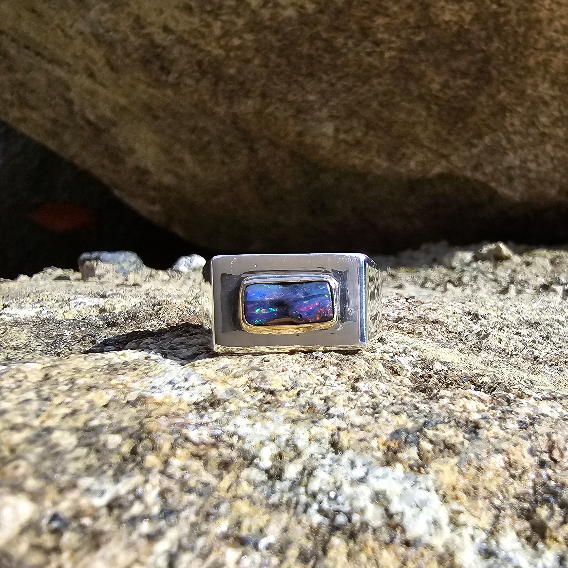 Sterling & 14k Boulder Opal Signet Ring